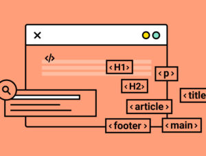 Illustration explaining HTML structure for SEO with semantic tags including H1, H2, title, article, main, footer